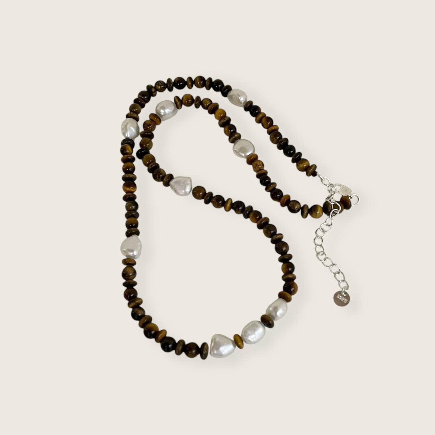 Natural Tiger Eye + Freshwater Pearls Beaded Necklace