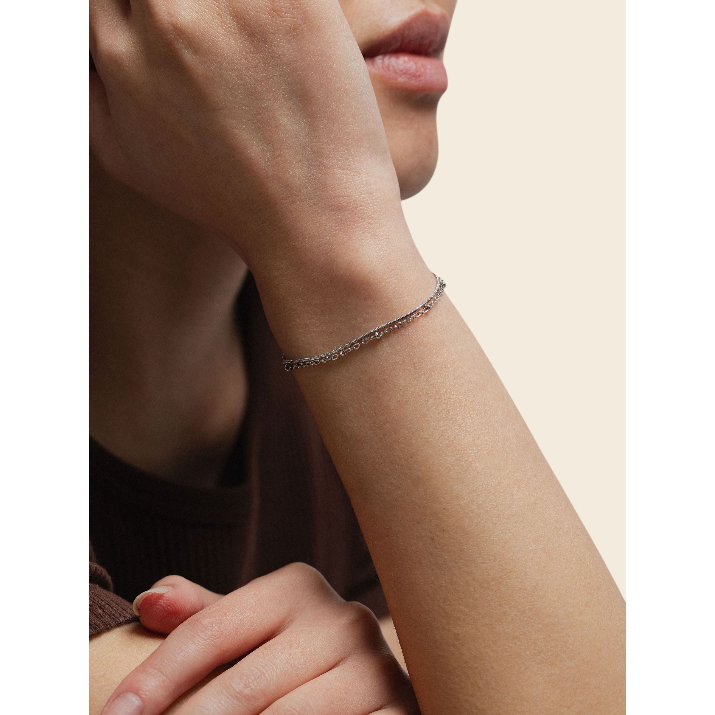 silver-tone Silver Layered Beaded Chain& Smooth Chain - alternate view 2