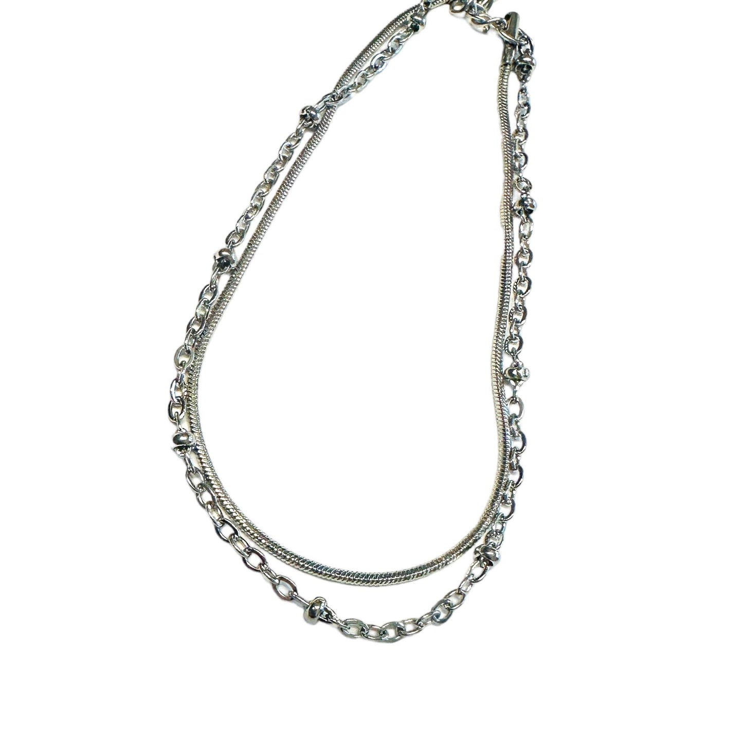 Silver Layered Beaded Chain& Smooth Chain