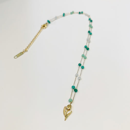 Flower Emerald Beaded Necklace